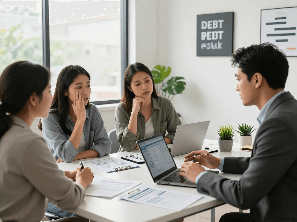 Financial advisor discussing credit consolidation options with clients in a welcoming office.