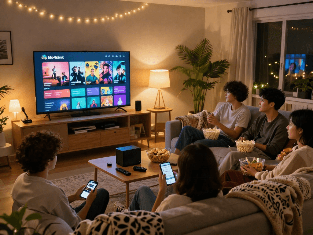 Enjoying movie night with friends using Moviebox app download on smart TV.