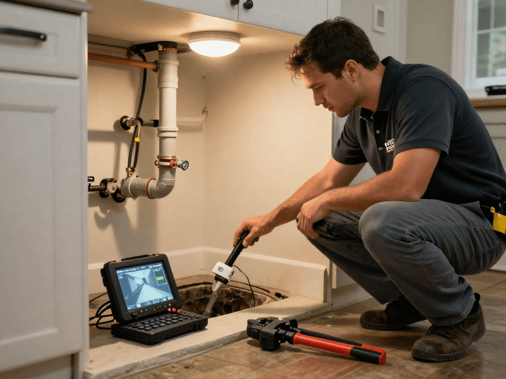 Sewer line service Fort Worth being performed by a plumber assessing a blockage with inspection tools in a residential setting.