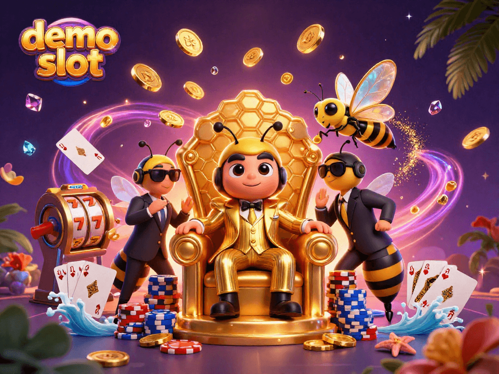 Menggambarkan demo slot yang seru dengan simbol keberuntungan terbang, di tengah tumpukan koin emas yang terbang dan kartu permainan di sekitar karakter utama.