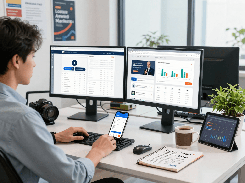 Buy app install promotional marketing office with analytics and strategy notes.