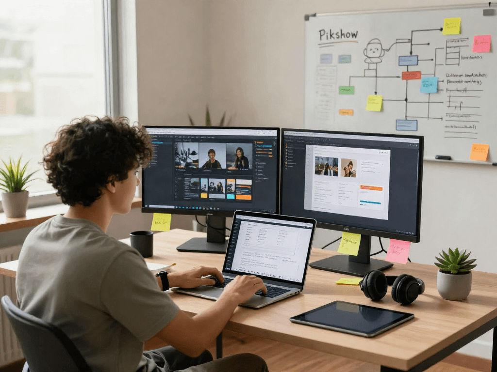 Pikashow app download featured on a laptop in a modern workspace with energetic atmosphere.