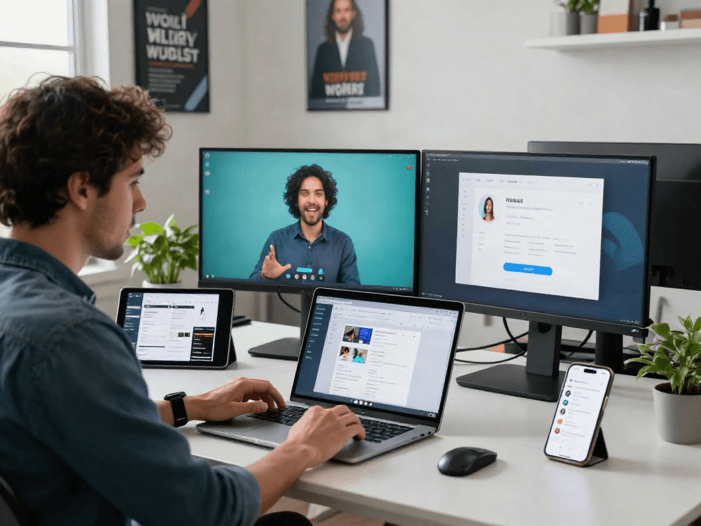 Pikashow APK download process illustrated in a modern tech workspace with a laptop and dual monitors.