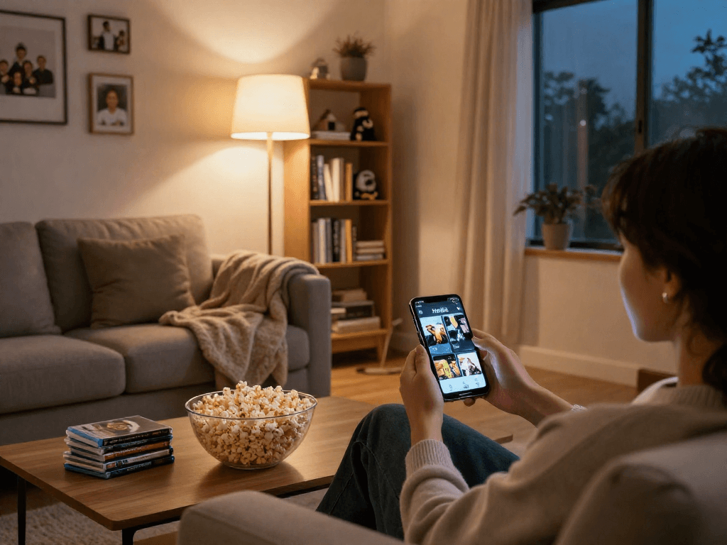 Enjoying a movie night with the Moviebox app in a cozy living room setting.