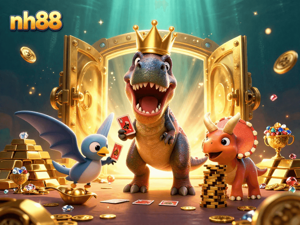 Experience the vibrant NH88 online casino with fun characters like a T-Rex and gems while playing games.