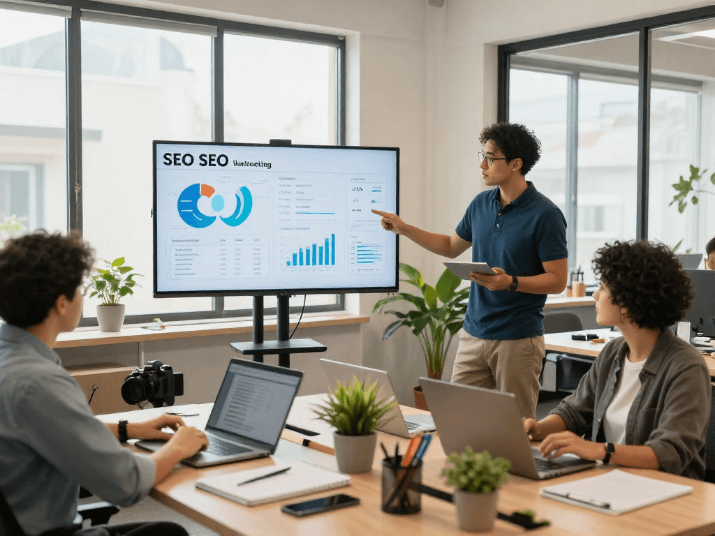 Engaged team in a dynamic marketing office, illustrating the impact of an Orange County SEO company on home-service businesses.