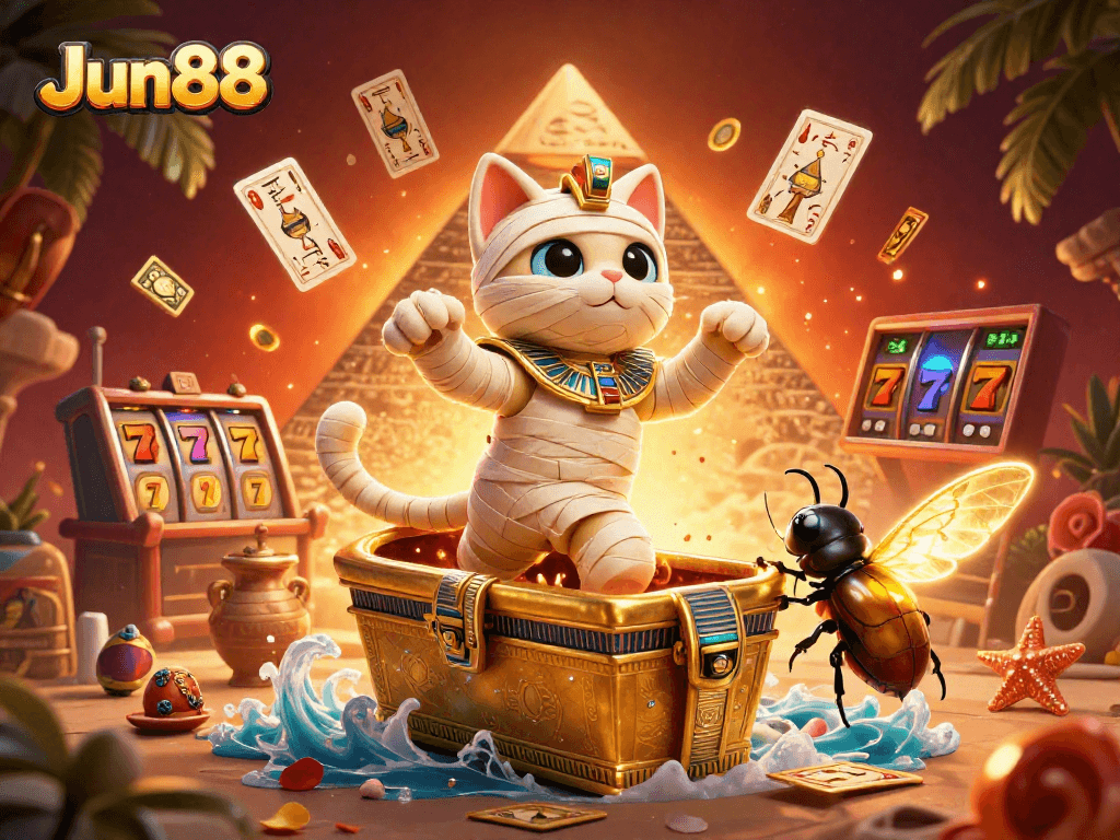 Experience the lively casino atmosphere with Jun88, immortalized by a dynamic, vibrant 3D illustration.