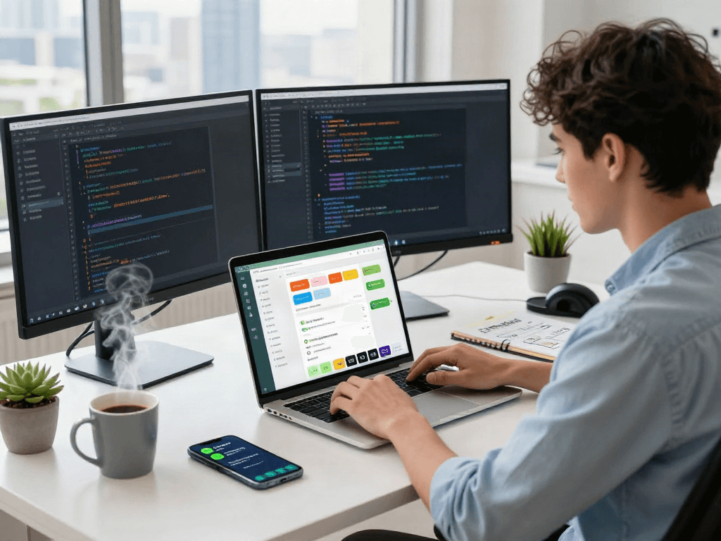 Professional workspace featuring gbwhatsapp application on laptop with colorful interface, energetic tech setting.