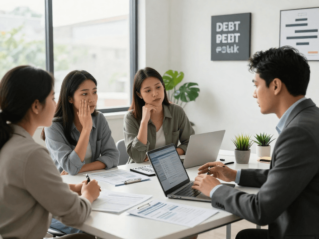 Financial advisor discussing credit consolidation options with clients in a welcoming office.