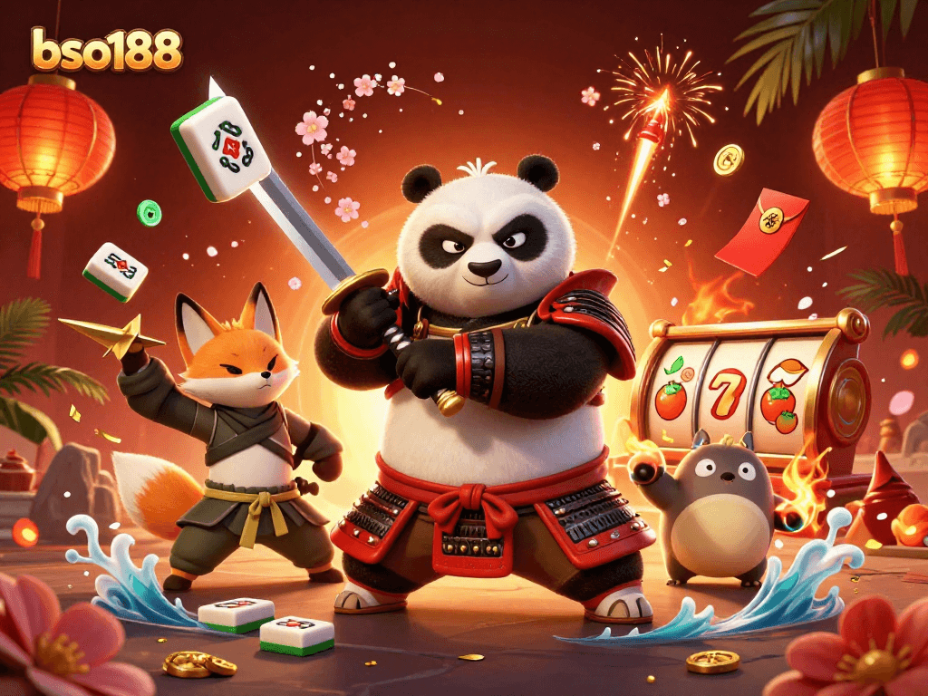 Engage with bso188 online casino via a lively samurai panda and colorful gaming elements.