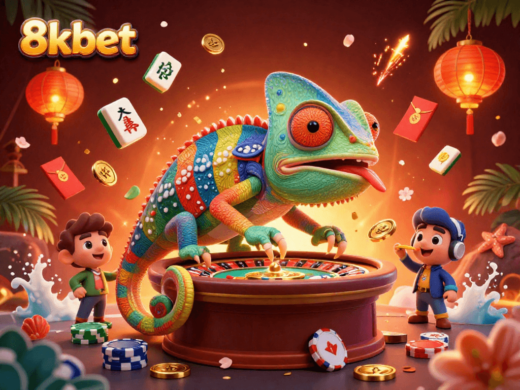 Spin to win with vibrant 8kbet gaming scene featuring a colorful chameleon and casino elements.