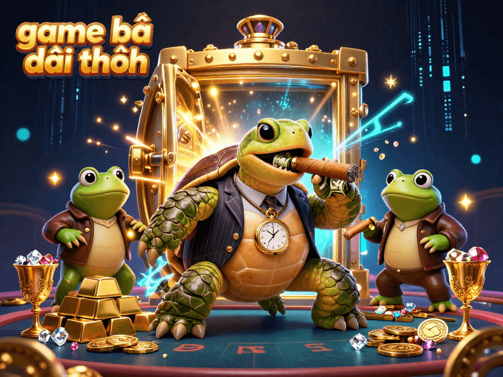 Experience game bài đổi thưởng with a vibrant 3D scene featuring a snapping turtle mobster surrounded by treasure.