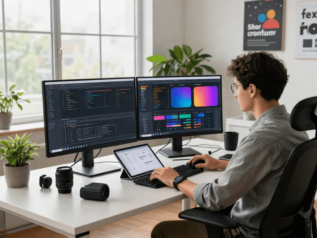 Pikashow software development workspace with dual monitors displaying code and vibrant applications.