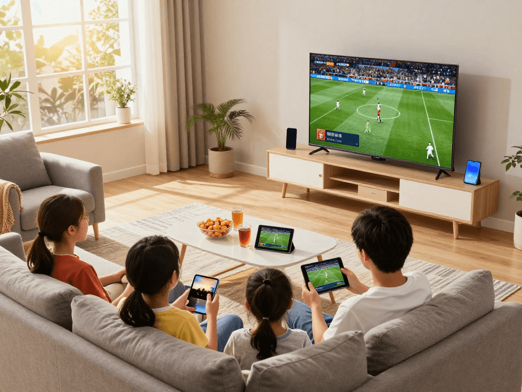 Gezellige woonkamer met gezin dat geniet van iptv abonnementen in 4K kwaliteit op een grote smart TV.