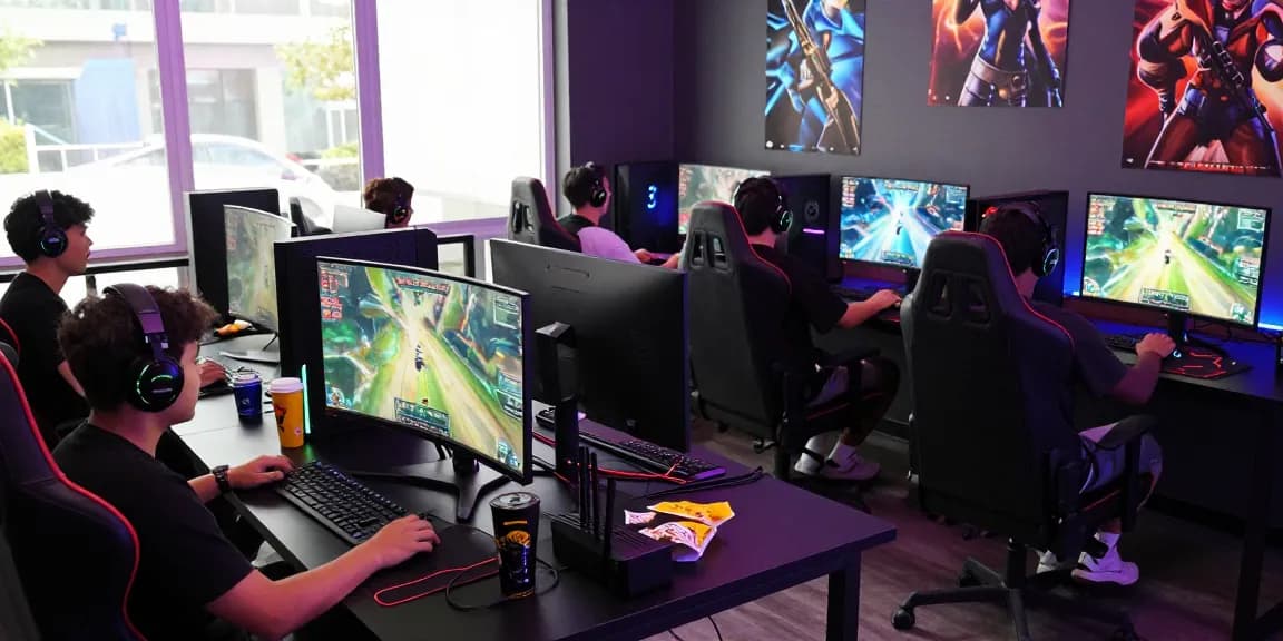 Exciting gaming lounge with diverse players engaging in intense matches, lucky77 gaming atmosphere.