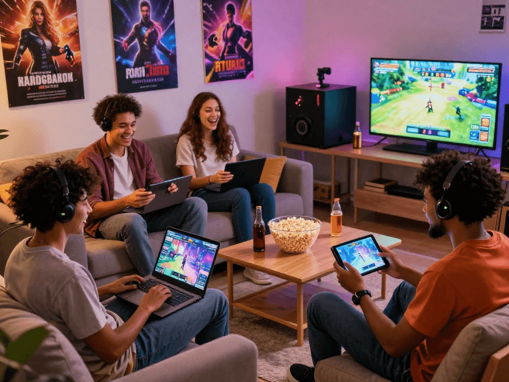 A lively group enjoying a porn game night, showcasing interactive gameplay on various devices in a cozy living room.
