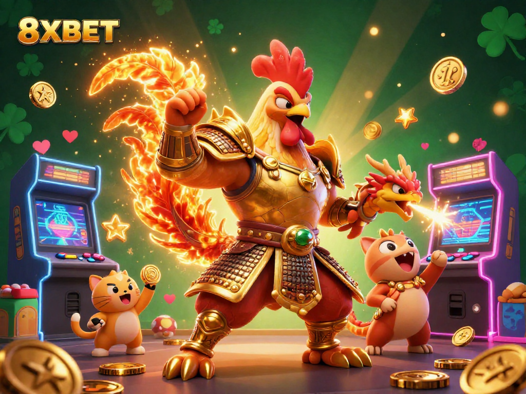Engage with thrilling 8XBET gameplay featuring unique characters and casino elements in vibrant digital art.