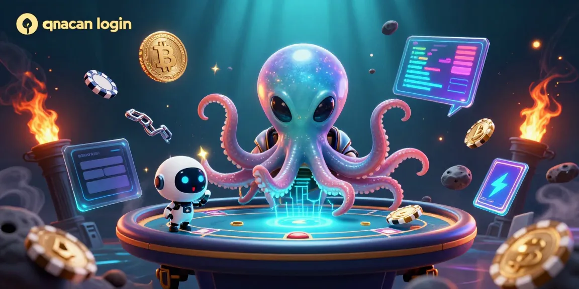Engage in strategic gaming fun with qqmacan login, featuring an alien octopus and crypto elements in a vibrant scene.