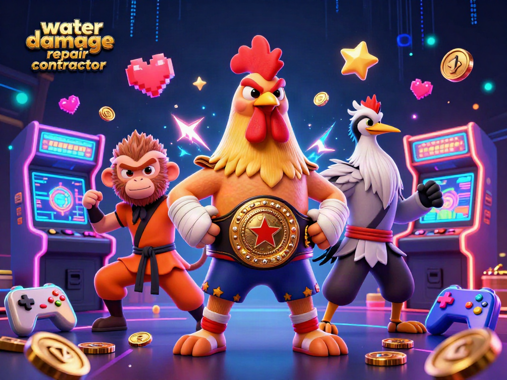 Engage with the world of water damage repair contractors amidst thrilling casino elements, featuring vibrant characters and gaming icons.