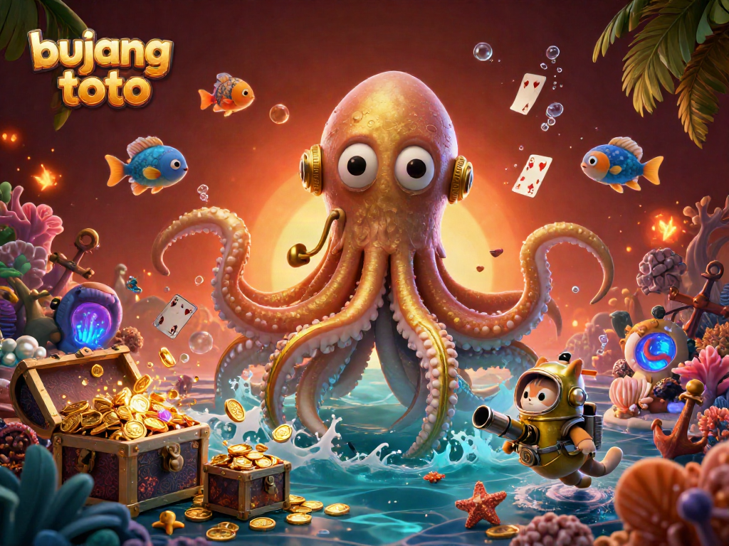 Engage in thrilling gameplay with bujang toto in this vibrant underwater scene featuring a kraken, diving cat, and glowing fish.