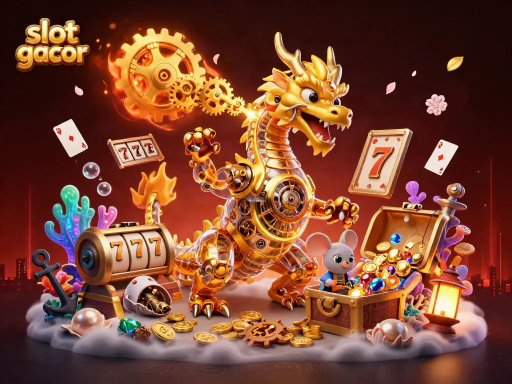 Experience the thrill of slot gacor with an epic scene featuring a mechanized dragon and vibrant casino elements.