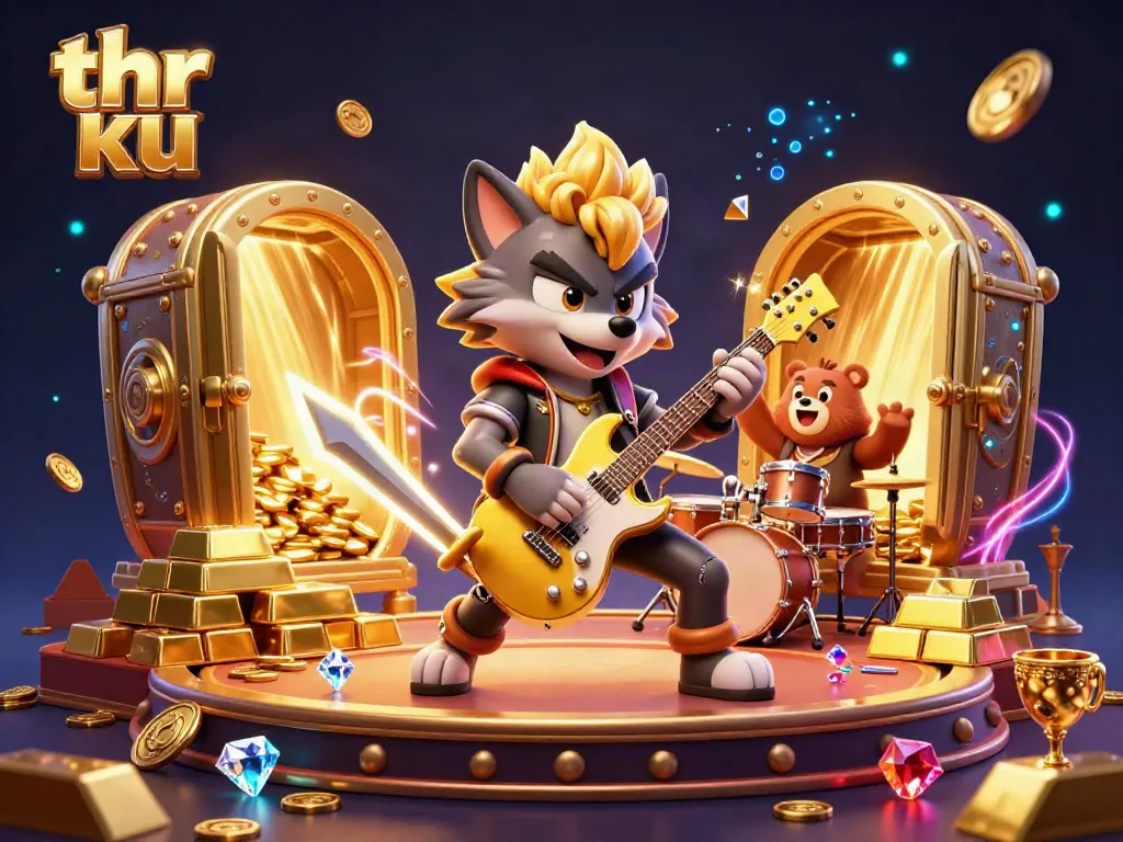 Shred with thr ku as the rock star wolf and drummer bear create a vibrant casino scene with gold and gems.