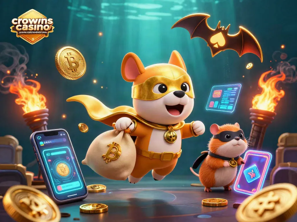 Crown coins casino promo code no deposit bonus offers players exciting gameplay rewards with a superhero dog and hamster in a dynamic scene.