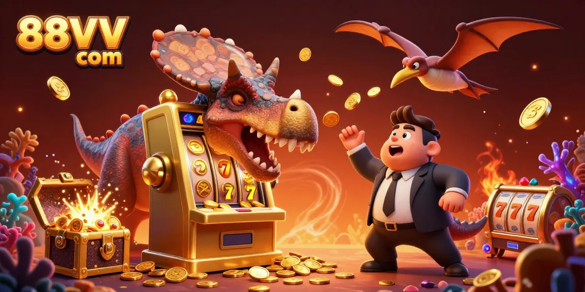 88VV com showcases a vibrant cartoon scene of a pachycephalosaurus celebrating a slot machine jackpot with gold coins and colorful gems flying around.