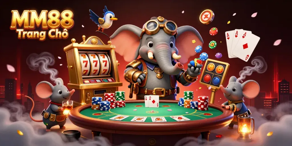 Experience excitement at MM88 Trang Chủ with a steampunk elephant operating a golden slot machine amidst vibrant casino elements.