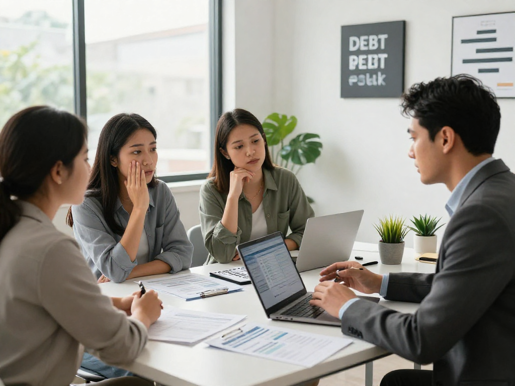 Financial advisor discussing credit consolidation options with clients in a welcoming office.