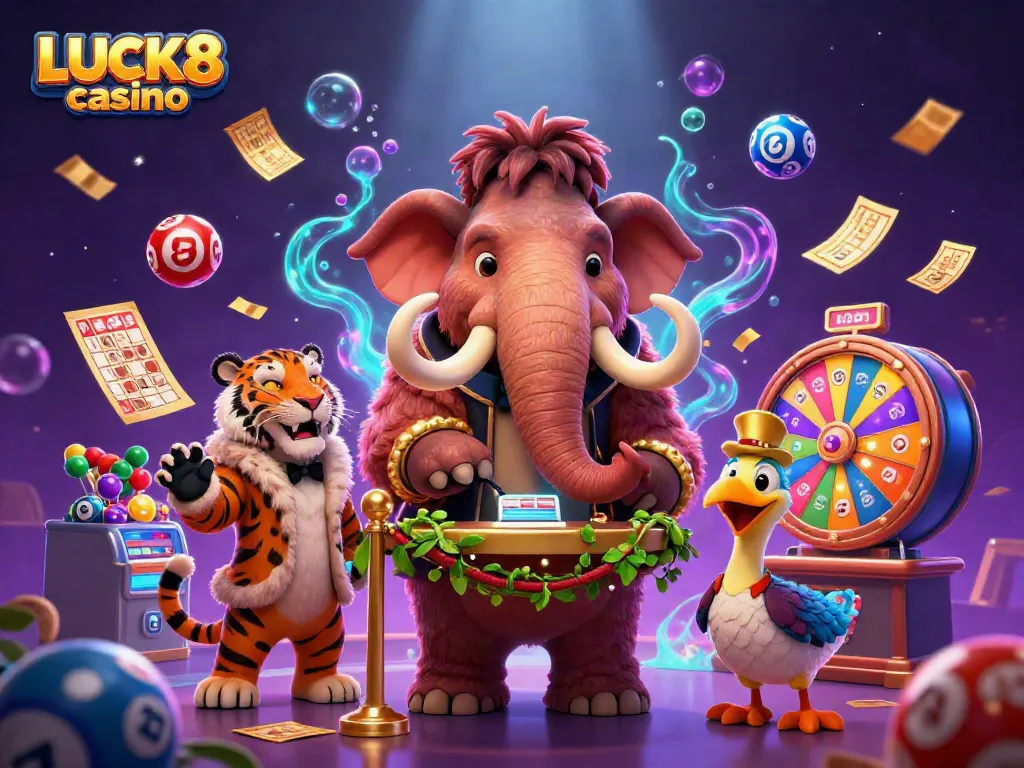 Experience excitement at LUCK8 casino with vibrant characters and dynamic gaming elements in a stunning 3D scene.