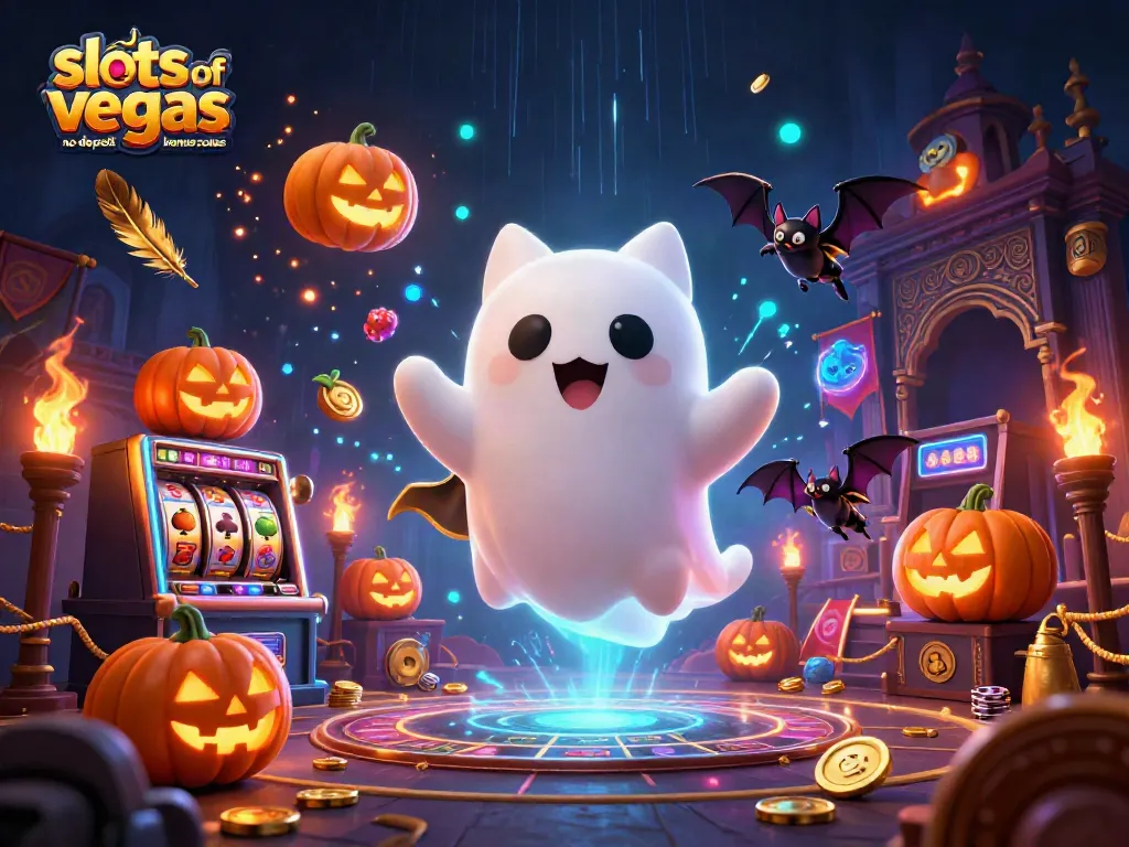 Engage with slots of vegas no deposit bonus codes in a vibrant haunted casino scene featuring a ghost cat and vampire bat.