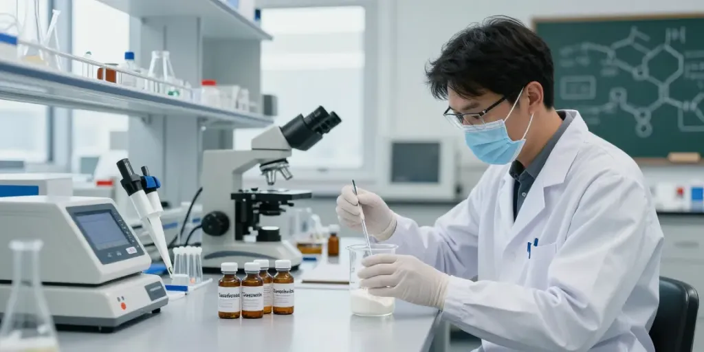 Scientist in a lab measuring tesofensine where to buy vials in a bright research environment.