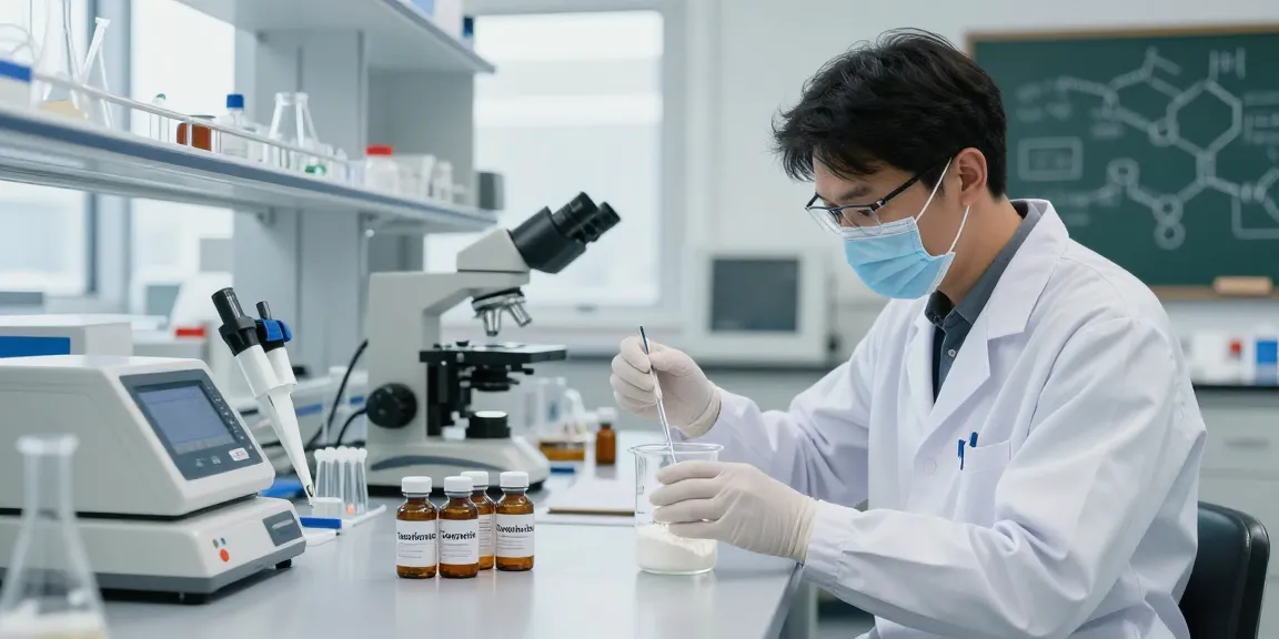Scientist in a lab measuring tesofensine where to buy vials in a bright research environment.