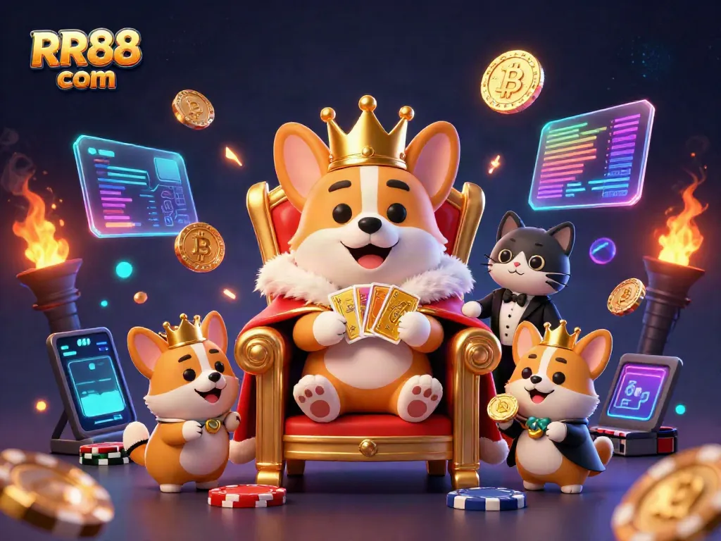Experience exciting gaming with RR88 com, featuring a royal corgi and poker-themed elements.
