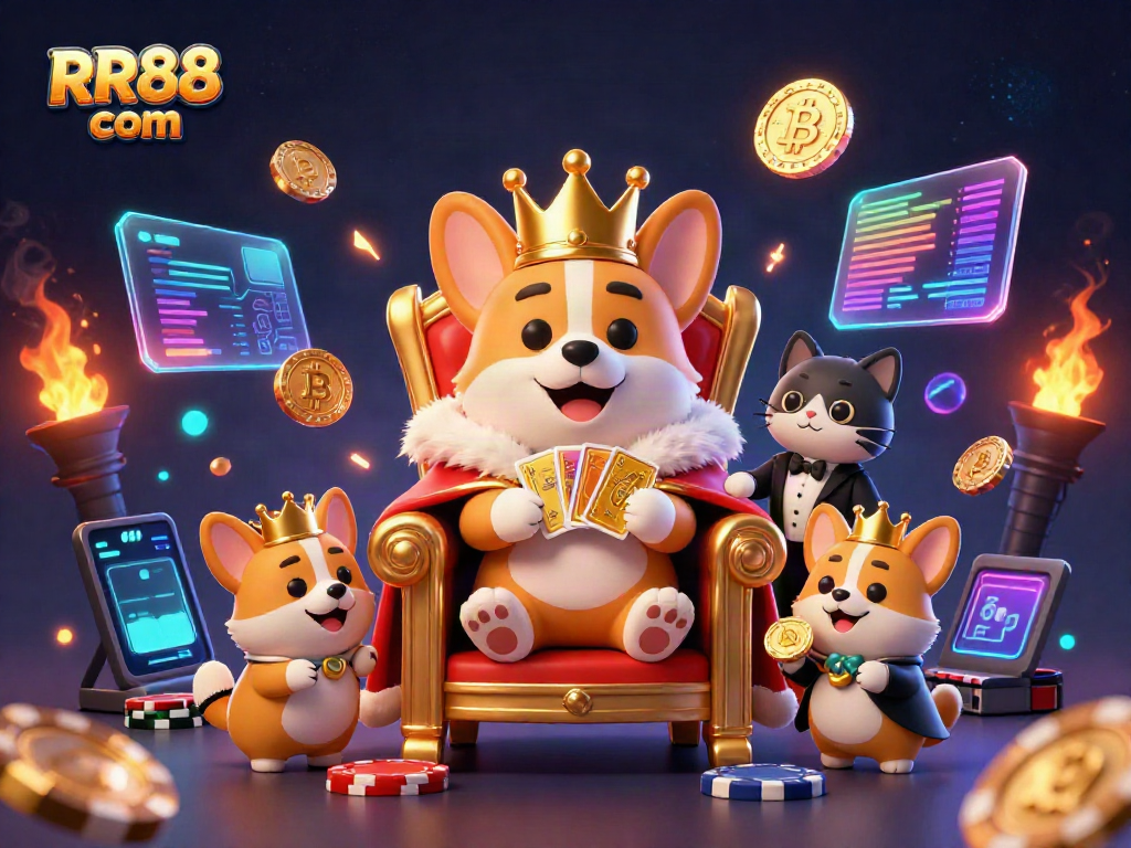 Experience exciting gaming with RR88 com, featuring a royal corgi and poker-themed elements.