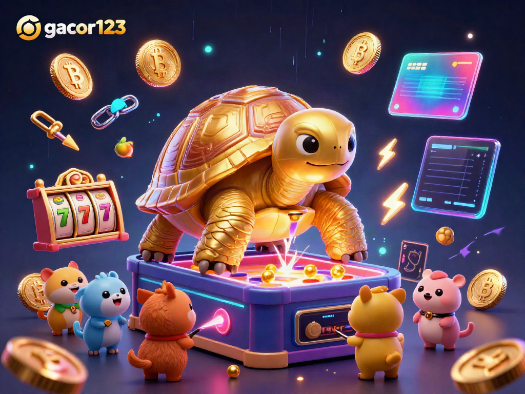 Spin and win with gacor123 as the golden tortoise showcases vibrant slot games and cryptocurrency elements.