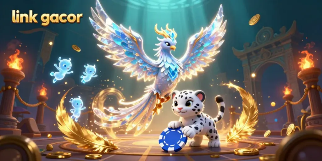 Engage in the thrill of link gacor as an ice phoenix and snow leopard cub dance among golden coins and vibrant casino elements.