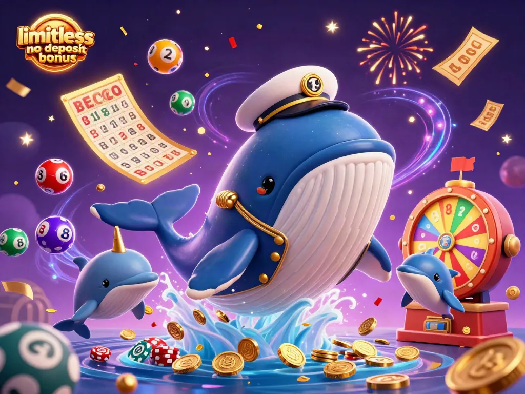 Engage with the limitless no deposit bonus scene featuring a whale captain, narwhal, and playful dolphins.