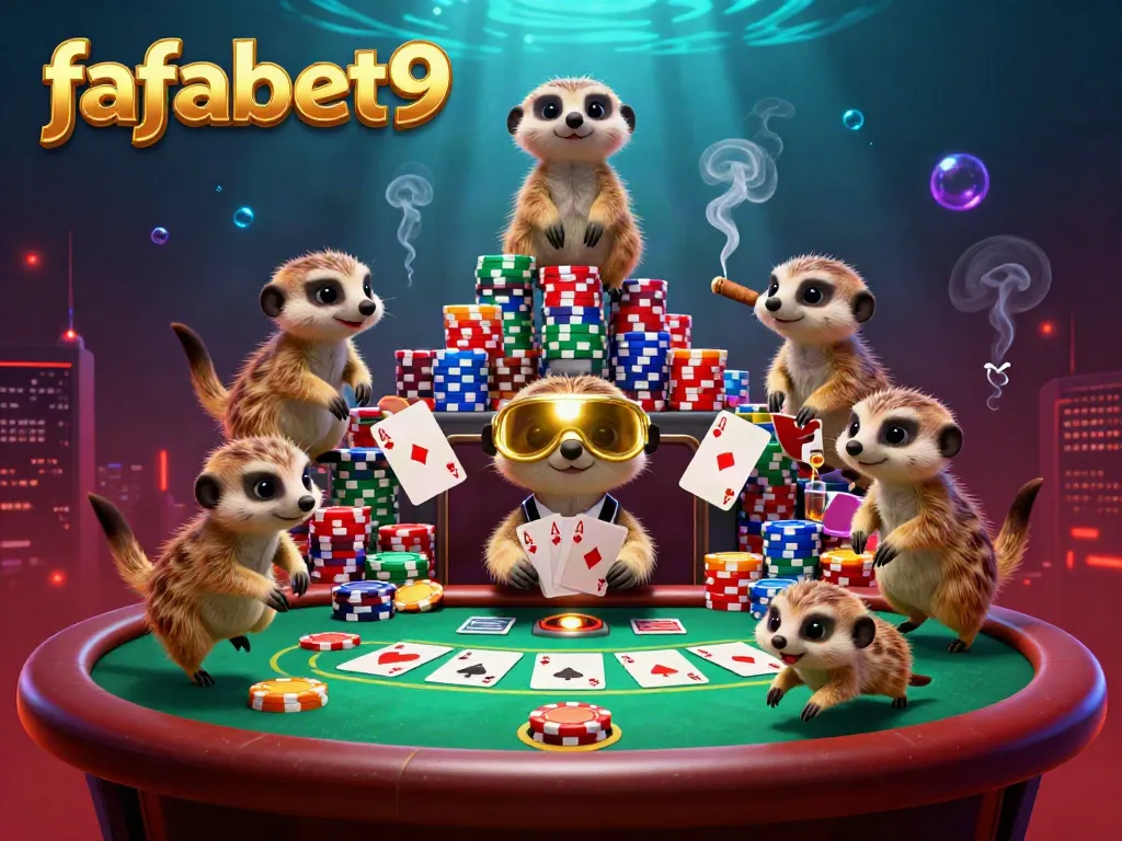 Experience thrilling gameplay with the fafabet9 meerkat casino scene, showcasing card games and vibrant poker chips.