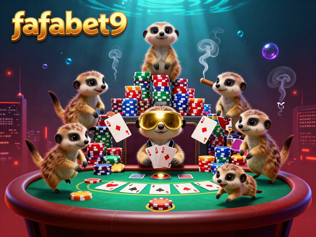 Experience thrilling gameplay with the fafabet9 meerkat casino scene, showcasing card games and vibrant poker chips.