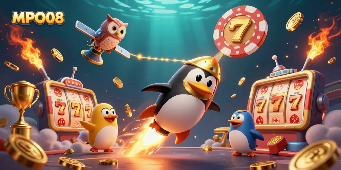 Engage with MPO08's vibrant casino experience as a rocket-powered penguin navigates through slot games and golden riches.