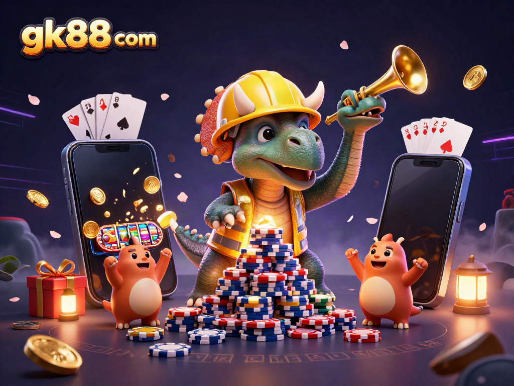 Engage with gk88 com's thrilling gaming experience featuring joyful dinosaurs and vibrant casino elements.