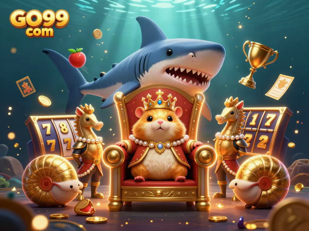 Experience gaming excitement at GO99 com with golden slot reels and a fierce hamster king illustration.