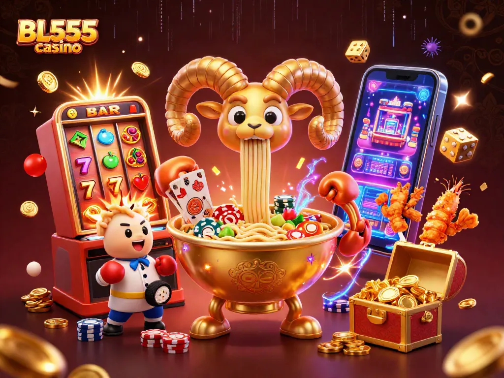 Experience the excitement of BL555 casino with a vibrant 3D illustration featuring dynamic characters and games.