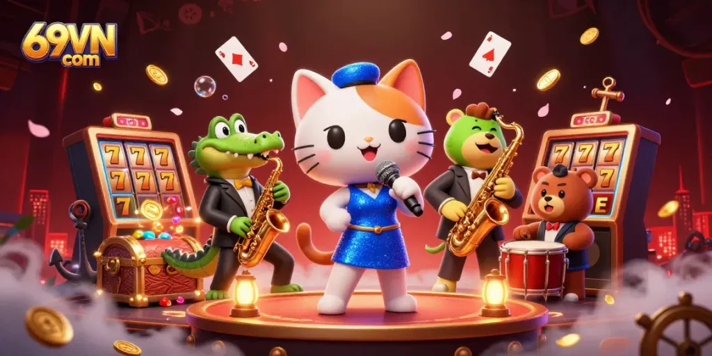 Experience thrilling gameplay at 69VN com with a vibrant casino scene showcasing lively characters and rich game elements.