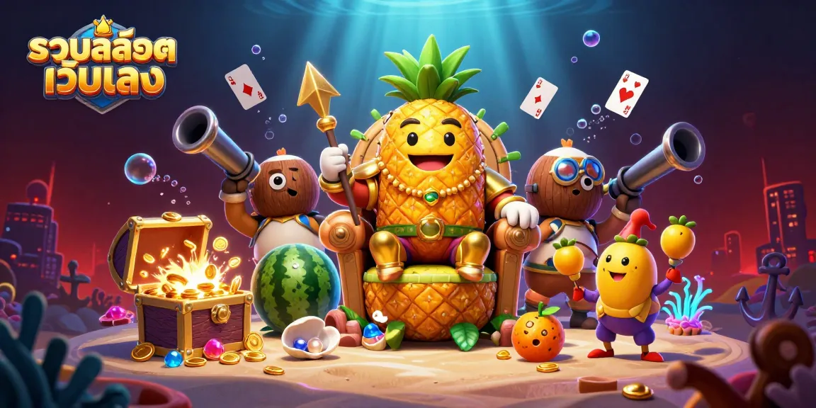 Engage in thrilling gameplay with รวมสล็อตเว็บตรง on a vibrant casino beach featuring a golden pineapple king and colorful characters.