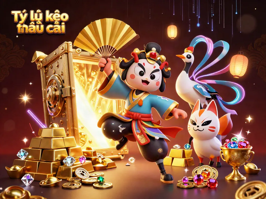 Tỷ lệ kèo nhà cái illustrated scene featuring kabuki characters and treasure elements captivating bettors