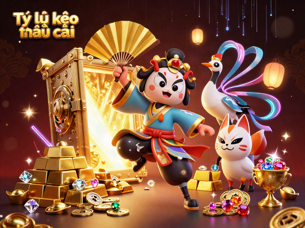 Tỷ lệ kèo nhà cái illustrated scene featuring kabuki characters and treasure elements captivating bettors