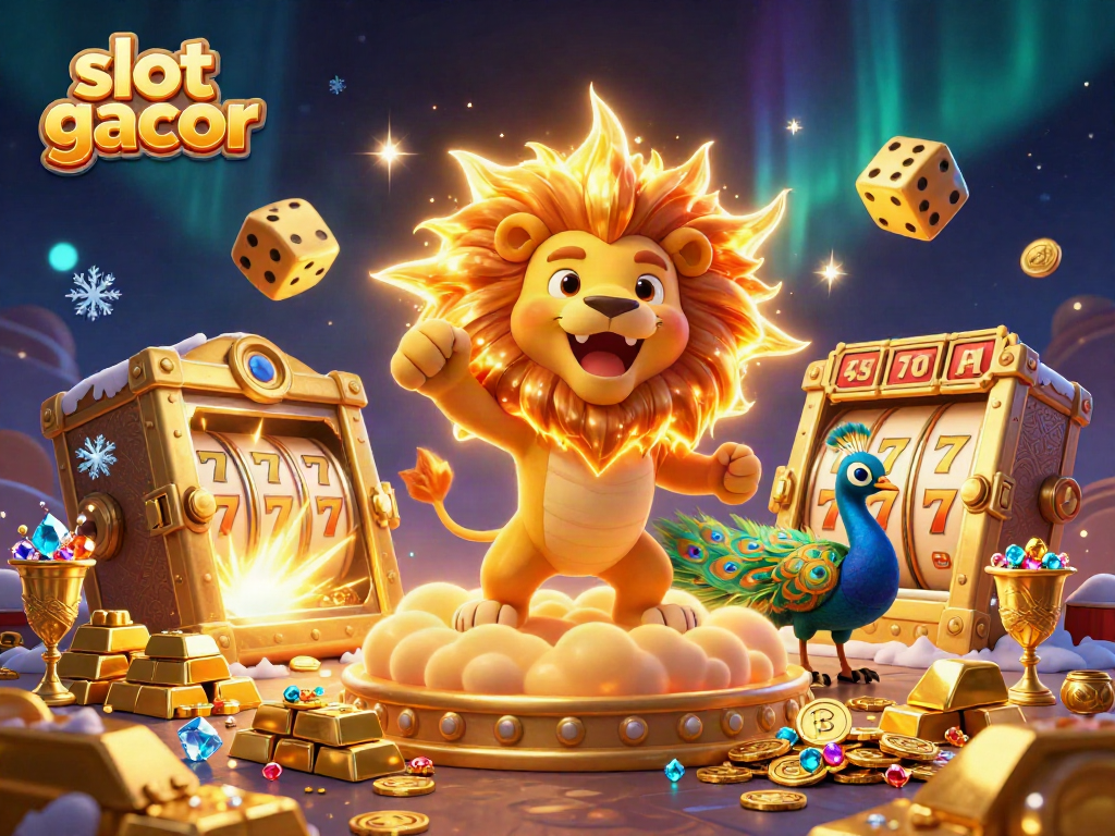 Experience the thrill of slot gacor with a vibrant 3D illustration of a lion, dice, and gaming elements.